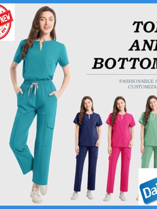Large V-Neck Scrub Set Top & Pants Multi-Pocket Medical Uniform - Picture 6 of 7